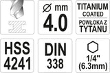 Grąžtas metalui su Hex 6.3 mm (1/4") galu HSS-TiN | 4.0 mm (YT-44757)
