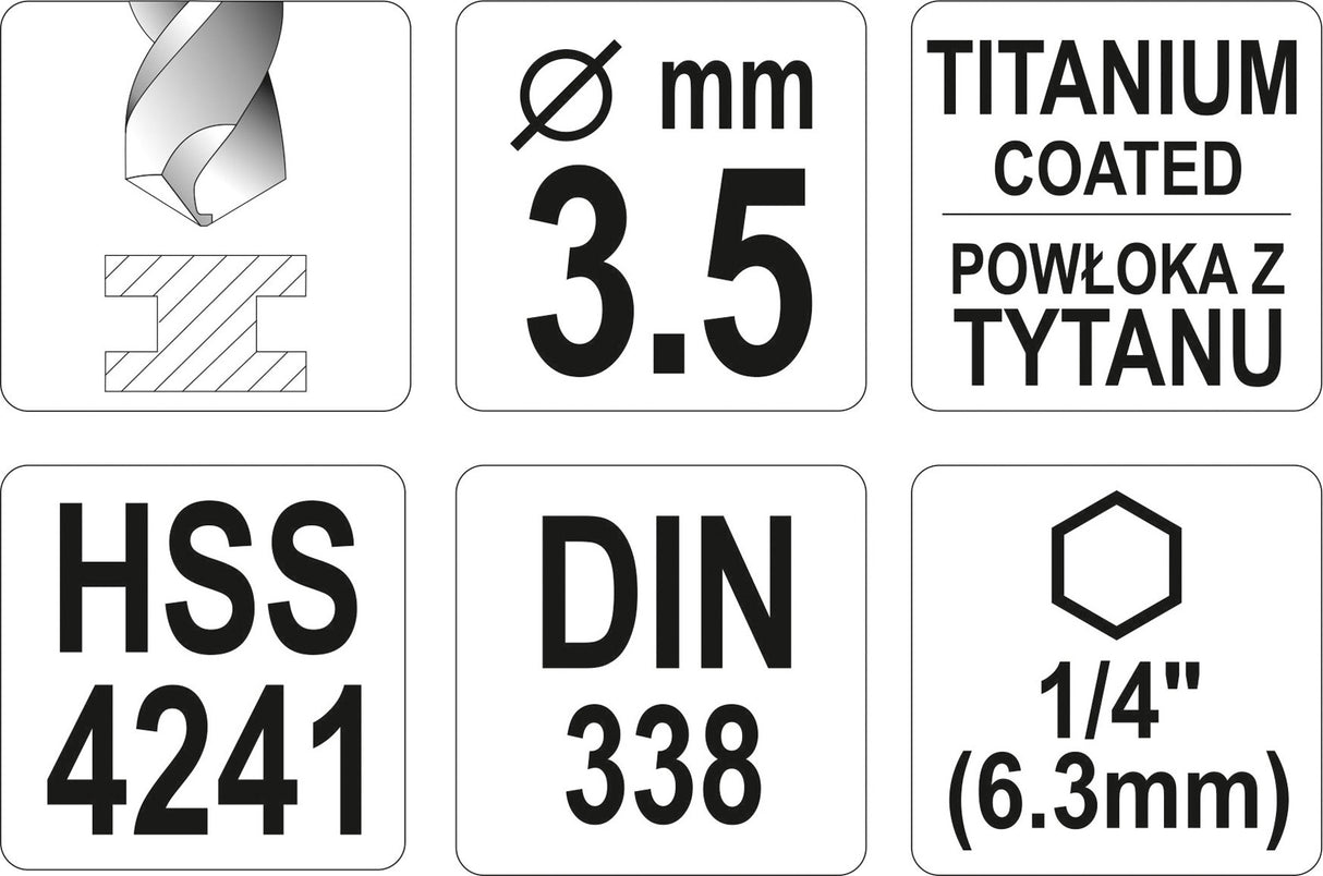 Grąžtas metalui su Hex 6.3 mm (1/4") galu HSS-TiN | 3.5 mm (YT-44756)