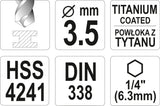 Grąžtas metalui su Hex 6.3 mm (1/4") galu HSS-TiN | 3.5 mm (YT-44756)