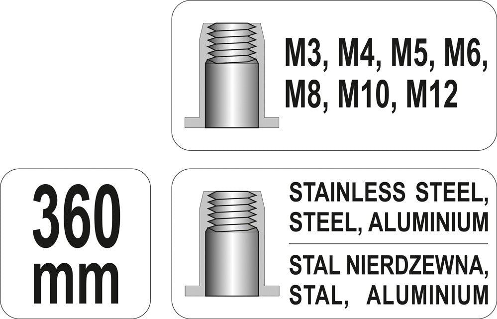 Kniediklis srieginėms kniedėms | M3, M4, M5, M6, M8, M10, M12 (YT-36128)