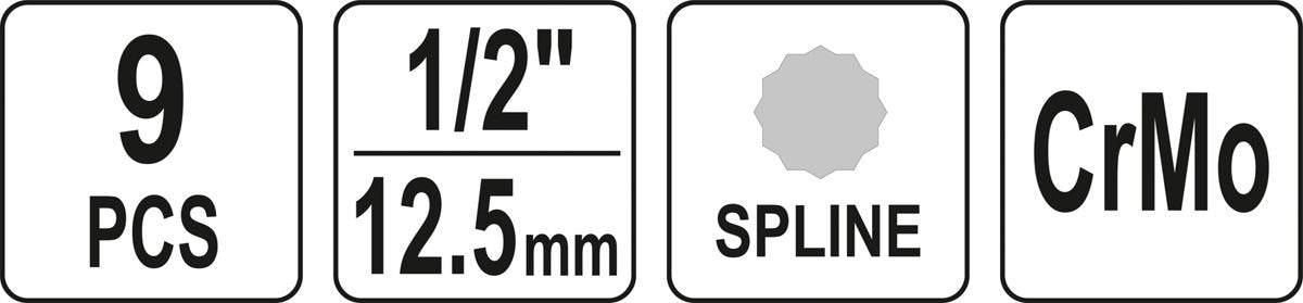 Smūginių antgalių rinkinys | 12,5 mm (1/2") | Spline (XZN) M4 - M16 | 9 vnt. (YT-10691)