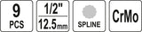 Smūginių antgalių rinkinys | 12,5 mm (1/2") | Spline (XZN) M4 - M16 | 9 vnt. (YT-10691)