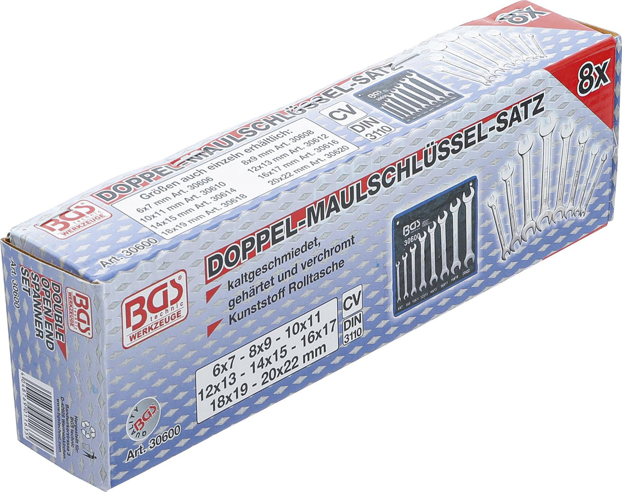 Plokščių raktų rinkinys atviru galu | 6 - 22 mm | 8 vnt. (30600)