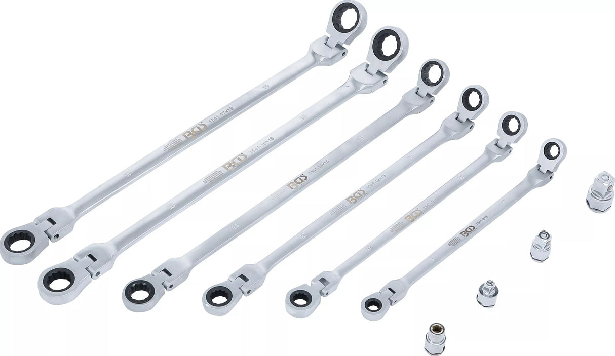 Pailgintų terkšlinių vartomų dvipusių raktų rinkinys | su adapteriais galvutėms | 8 - 19 mm | 10 vnt. (1541)