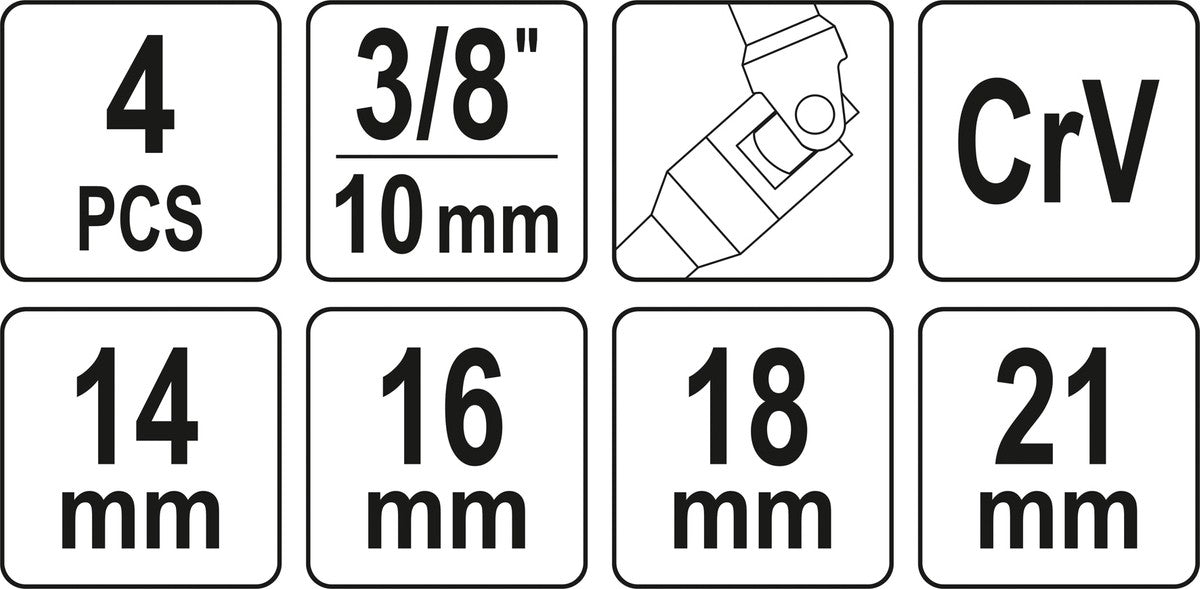 Šarnyrinių galvučių rinkinys žvakėms | 10 mm (3/8") | 14/16/18/21 mm | 4 vnt. (YT-38520)