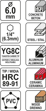 Grąžtas universalus su Hex 6.3 mm (1/4") galu | 6.0 mm (YT-44783)