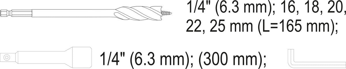 Grąžtų rinkinys medžiui | su ilgintuvu | 6.3 mm (1/4") antgalis | 16-25 mm | 7 vnt. (YT-44693)