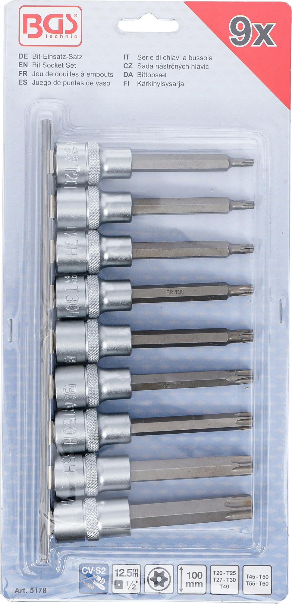 Įpresuotų antgalių rinkinys | 12.5 mm (1/2") | T-Star su skyle (Torx) T20 - T60 | 9 vnt. (5178)