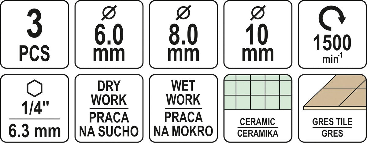 Алмазные коронки | 6,3 mm (1/4") | 6 / 8 / 10 mm | 3 шт.
