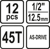 Galvučių rinkinys su terkšle | 12,5 mm (1/2") | 10-24 mm | 12 vnt. (58633)