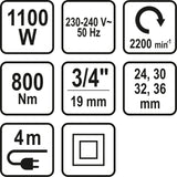 Электрический ударный гайковёрт с набором | 20 mm (3/4") | 800Nm/1100W