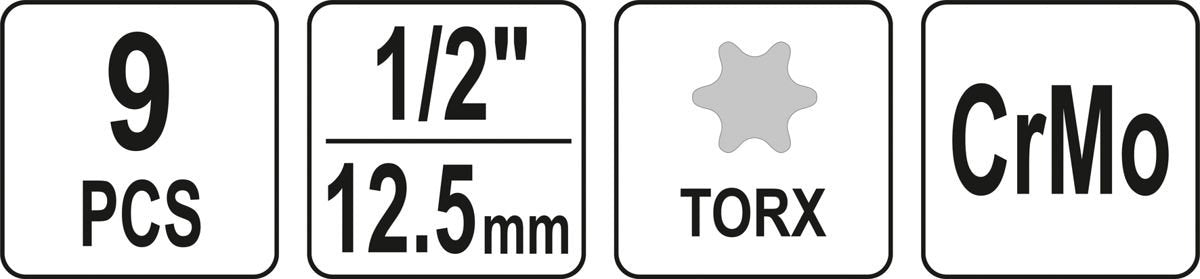 Smūginiai antgaliai | 12,5 mm (1/2") | T-Star (Torx) T20 - T70 | 9 vnt (YT-10654)