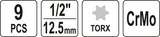 Smūginiai antgaliai | 12,5 mm (1/2") | T-Star (Torx) T20 - T70 | 9 vnt (YT-10654)