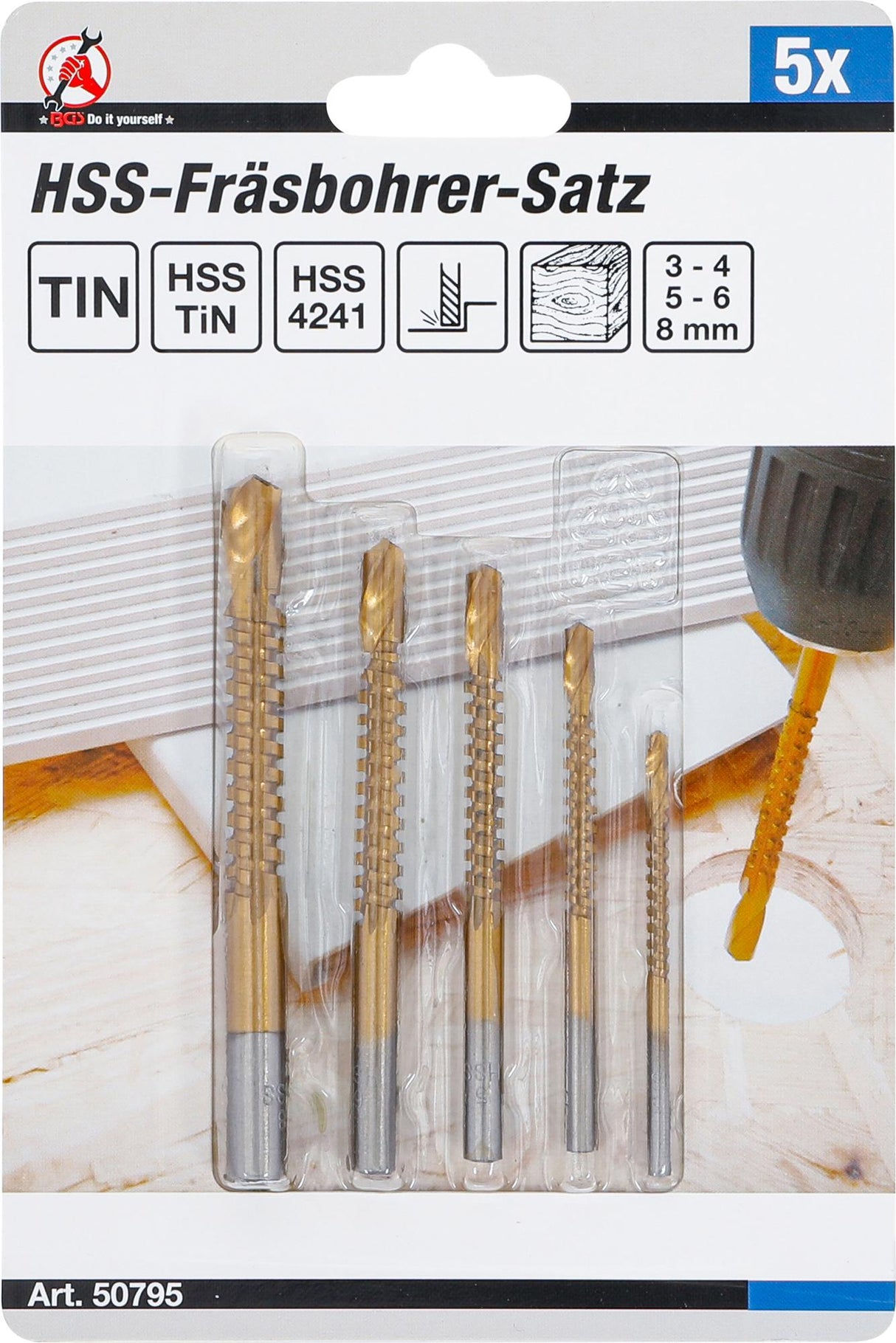HSS frezavimo gręžimo rinkinys | titano danga | 3 - 8 mm | 5 vnt. (50795)