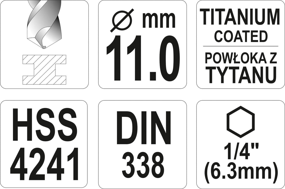 Grąžtas metalui su Hex 6.3 mm (1/4") galu HSS-TiN | 11.0 mm (YT-44773)
