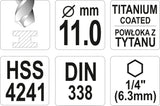 Grąžtas metalui su Hex 6.3 mm (1/4") galu HSS-TiN | 11.0 mm (YT-44773)