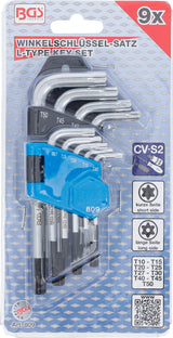 L tipo raktų rinkinys | trumpi | T-Star su skylutėm (Torx) T10 - T50 | 9 vnt. (809)