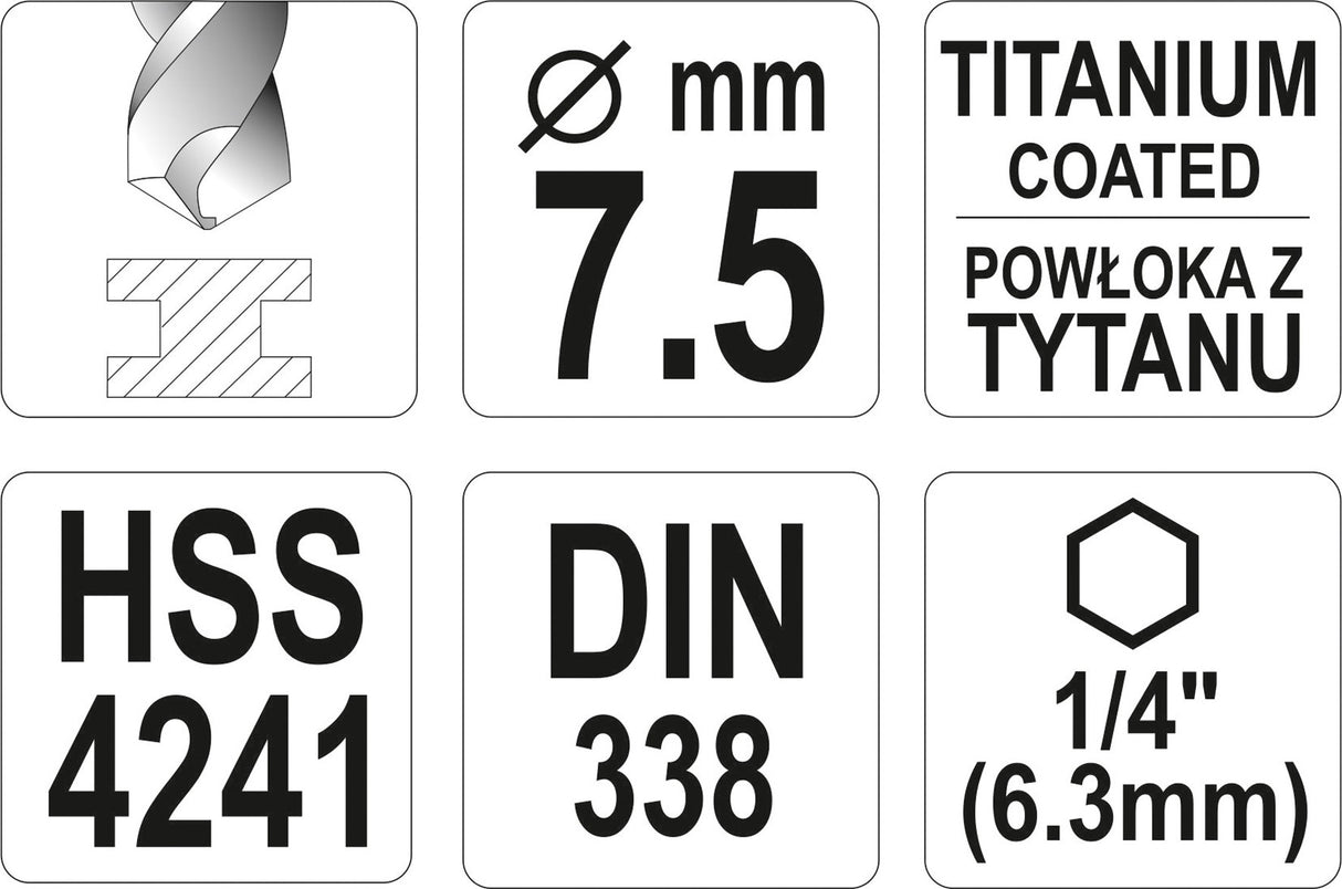 Сверло по металлу с шестигранным хвостовиком 6.3 mm (1/4") HSS-TiN | 7.5 mm