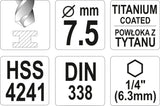 Сверло по металлу с шестигранным хвостовиком 6.3 mm (1/4") HSS-TiN | 7.5 mm