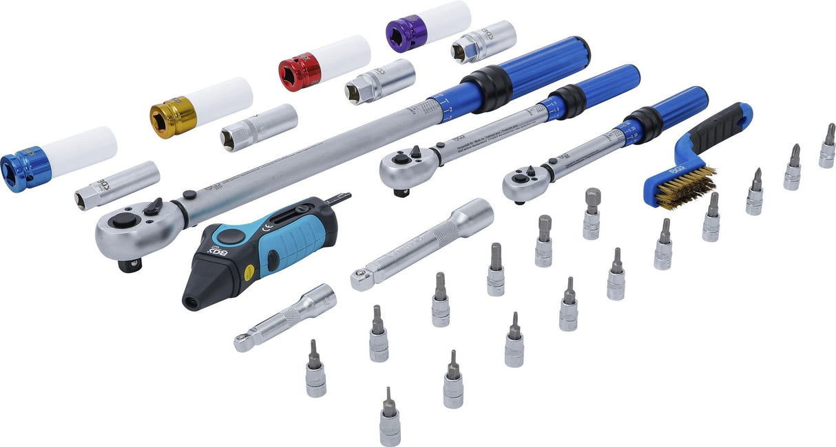 Sukimo momento veržliarakčių rinkinys | 6,3 mm (1/4"), 10 mm (3/8"), 12,5 mm (1/2") | 31 vnt. (74305)