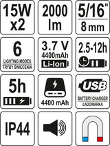 Perkeliamas žibintas su garsiakalbiu | 2X15W | 2000LM, LI-ION 3.7V 4400MAH, bluetooth POWERBANK (YT-81808)