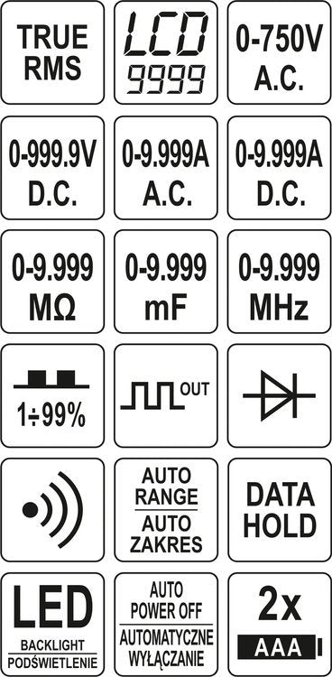 Skaitmeninis daugiafunkcinis testeris | TRUE RMS | 9999 AUTO LCD (YT-73089)