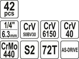 Galvučių su terkšle rinkinys | 6.3 mm (1/4") | 42 vnt. (YT-14481)