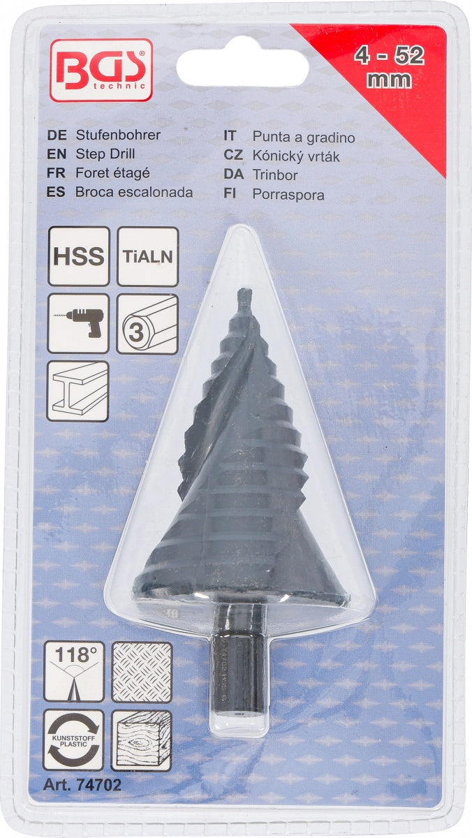 Pakopinis kūginis grąžtas | titano ir aliuminio nitrido danga | Ø 4–52 mm (74702)