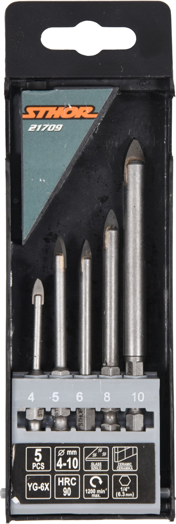 Grąžtų rinkinys stiklui ir keramikai | 6.3 mm (1/4") galu | 4-10 mm | 5 vnt. (21709)