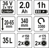 Akumuliatorinė stumdoma žoliapjovė | 36V=2 X 18V (2 x 2,0AH) (YT-85220)