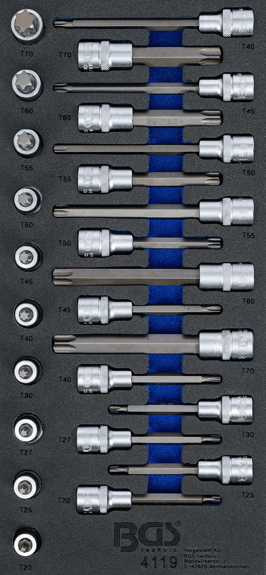 Įrankių dėklas 1/3: Įpresuotų antgalių rinkinys | 12,5 mm (1/2") | T-star (Torx) | 26 vnt. (4119)