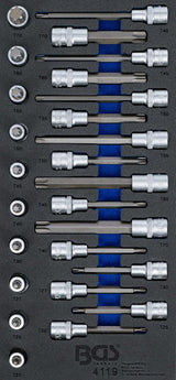 Įrankių dėklas 1/3: Įpresuotų antgalių rinkinys | 12,5 mm (1/2") | T-star (Torx) | 26 vnt. (4119)
