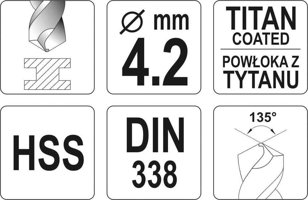 Grąžtas metalui HSS-TIN 4.2 mm (YT-44642)