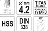 Grąžtas metalui HSS-TIN 4.2 mm (YT-44642)
