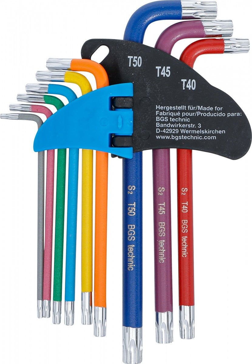 L tipo raktų rinkinys | spalvoti | T-Star su skylutėm (Torx) T10 - T50 | 9 vnt. (74461B)