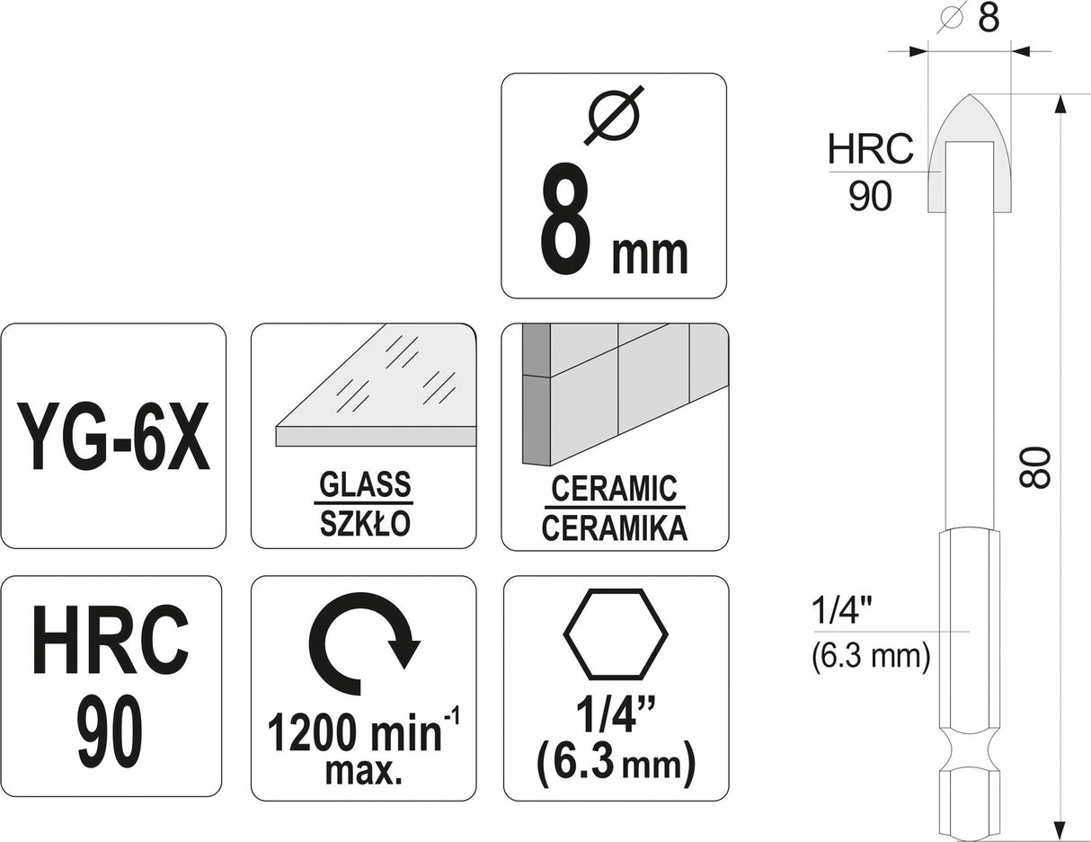 Grąžtas stiklui ir keramikai | 6.3 mm (1/4") galu | 8 mm (21704)