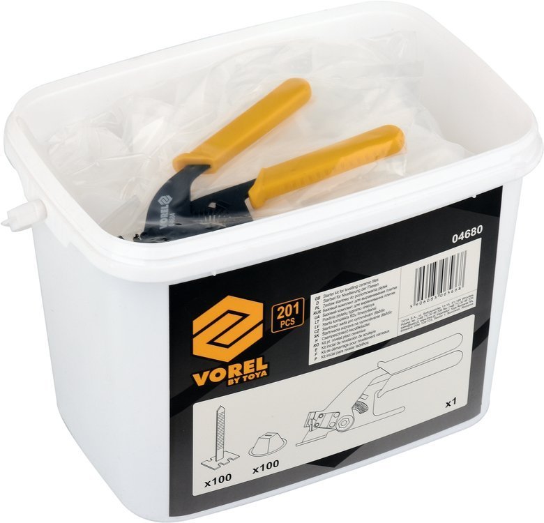 Plytelių išlyginimo rinkinys | Juostos x 100vnt / puodeliai x 100vnt / replės x1 vnt (04680)