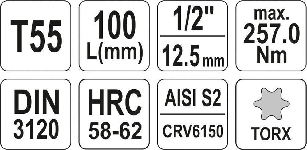Бита в головке 1/2", S2, длина 100 mm, T55