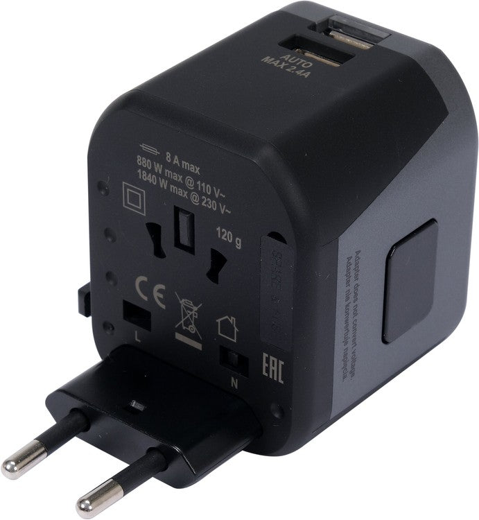 Kelionininis adapteris | universalus | daugiau nei 150 šalių | su 2 X USB 5V / 2.4A Įkrovikliu (YT-81301)