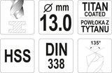 Grąžtas metalui HSS-TIN 13.0 mm (YT-44668)