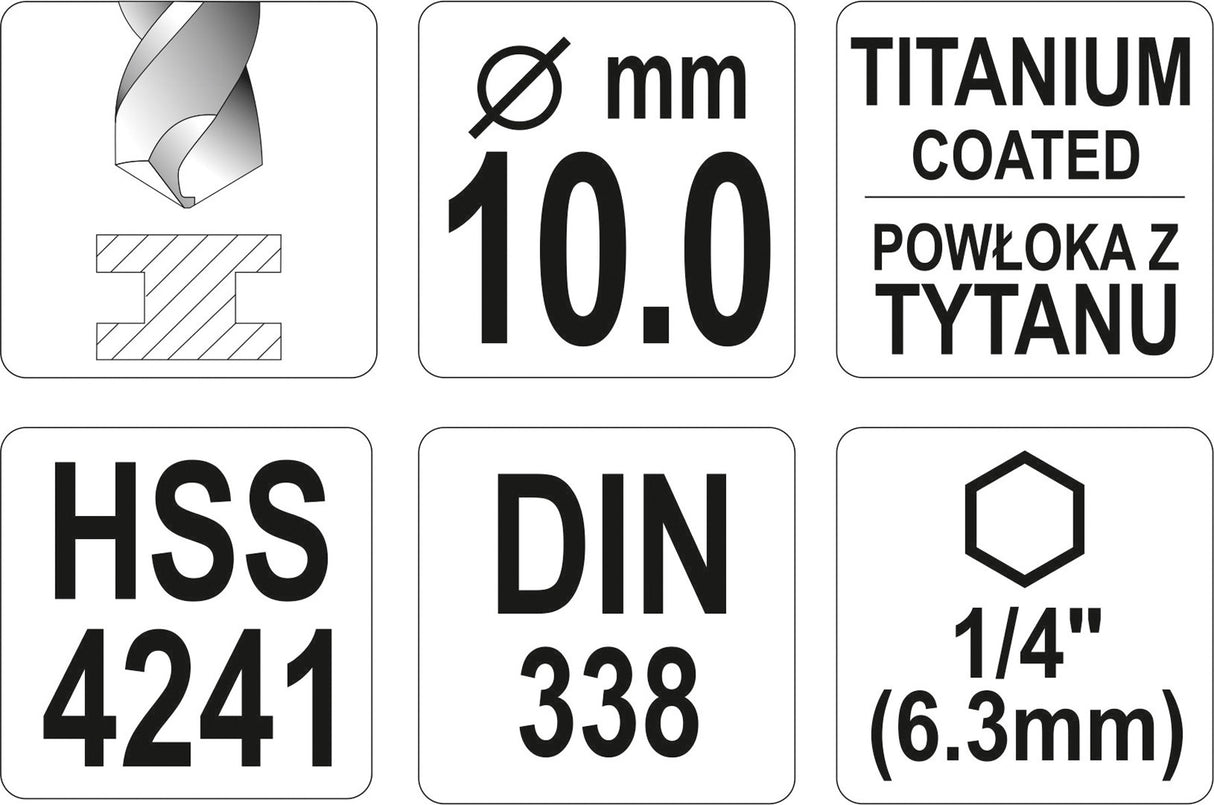 Grąžtas metalui su Hex 6.3 mm (1/4") galu HSS-TiN | 10.0 mm (YT-44772)