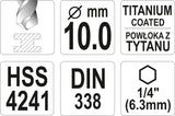 Grąžtas metalui su Hex 6.3 mm (1/4") galu HSS-TiN | 10.0 mm (YT-44772)