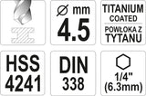 Grąžtas metalui su Hex 6.3 mm (1/4") galu HSS-TiN | 4.5 mm (YT-44759)