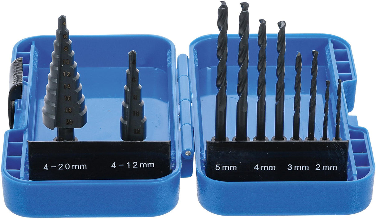 Pakopinių grąžtų  ir grąžtų metalui komplektas | Ø 4 - 12/4 - 20 mm | 2 - 5 mm | 10 vnt. (1686)