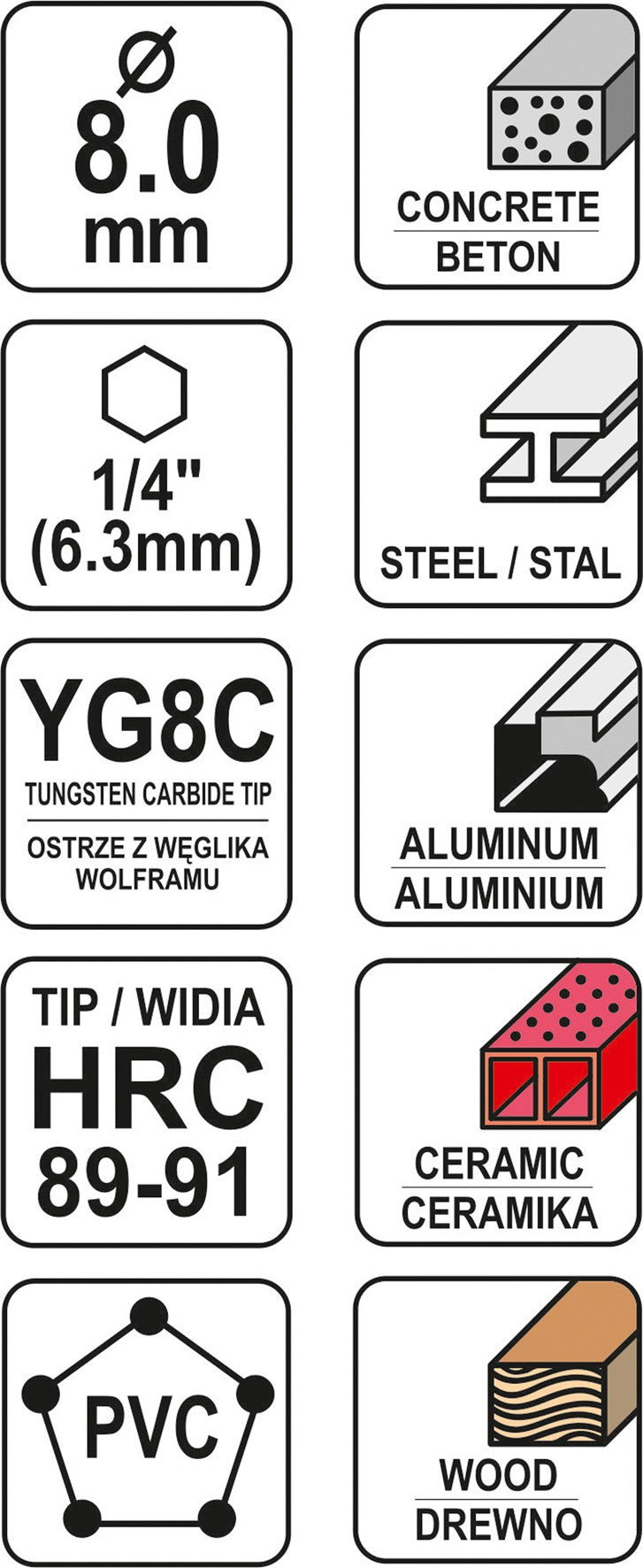 Grąžtas universalus su Hex 6.3 mm (1/4") galu | 8.0 mm (YT-44785)