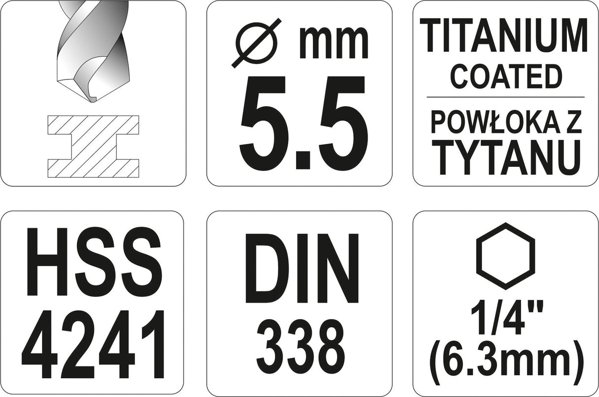 Grąžtas metalui su Hex 6.3 mm (1/4") galu HSS-TiN | 5.5 mm (YT-44763)