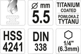 Grąžtas metalui su Hex 6.3 mm (1/4") galu HSS-TiN | 5.5 mm (YT-44763)