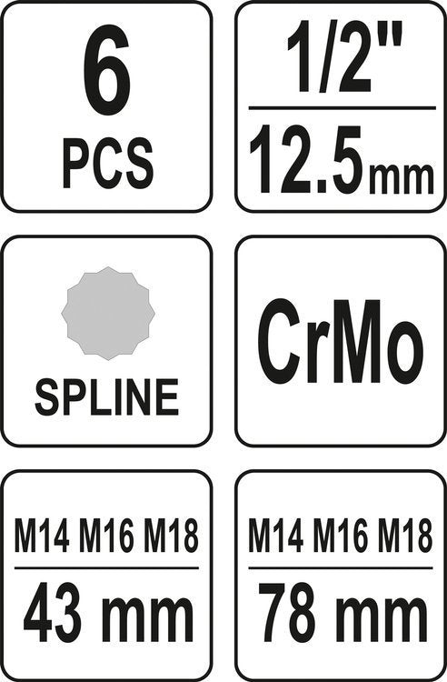 Smūginių antgalių rinkinys | 12,5 mm (1/2") | Spline (XZN) | 6 vnt. (YT-10652)