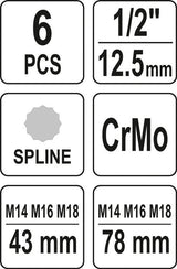 Smūginių antgalių rinkinys | 12,5 mm (1/2") | Spline (XZN) | 6 vnt. (YT-10652)