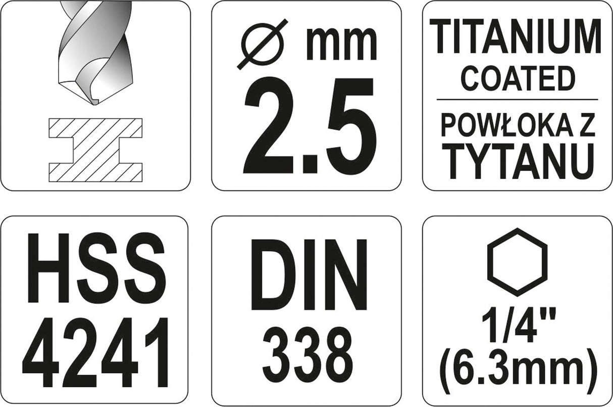 Сверло по металлу с хвостовиком Hex 6.3 mm (1/4") HSS-TiN | 2.5 mm